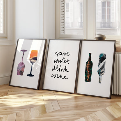 "Dreamy Wine Art Collection - Textured Bottles and Glasses, Set of 3, D095