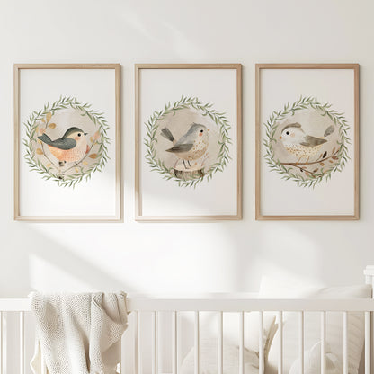 Songbirds in Bloom: Enchanting Animal Wall Art for Nurseries, Set of 3, N096