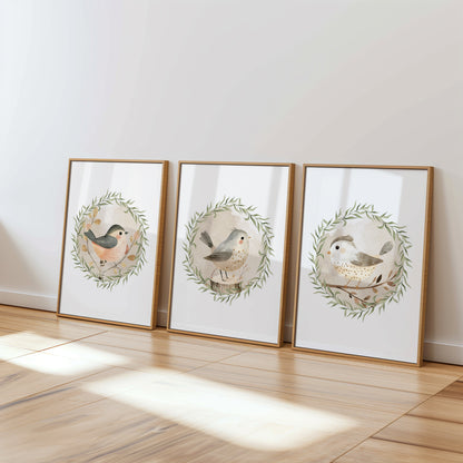 Songbirds in Bloom: Enchanting Animal Wall Art for Nurseries, Set of 3, N096