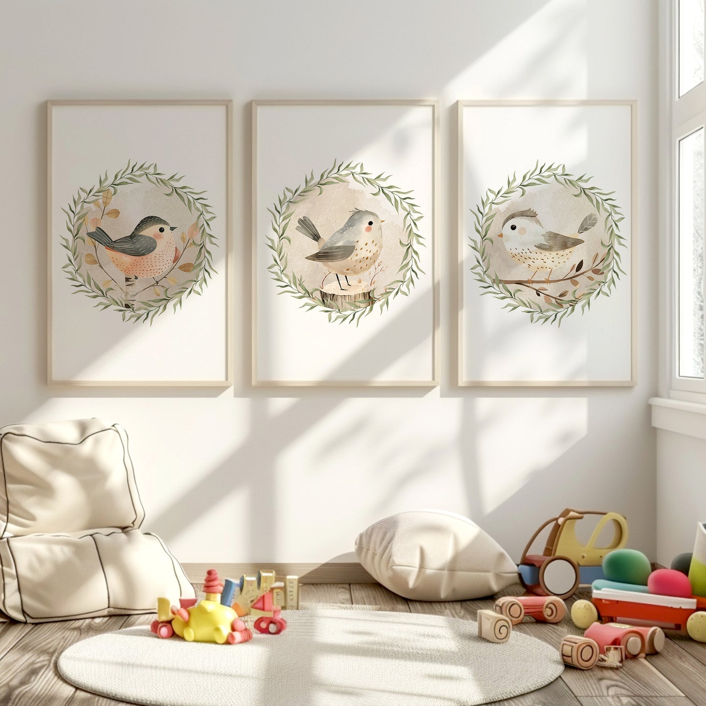 Songbirds in Bloom: Enchanting Animal Wall Art for Nurseries, Set of 3, N096