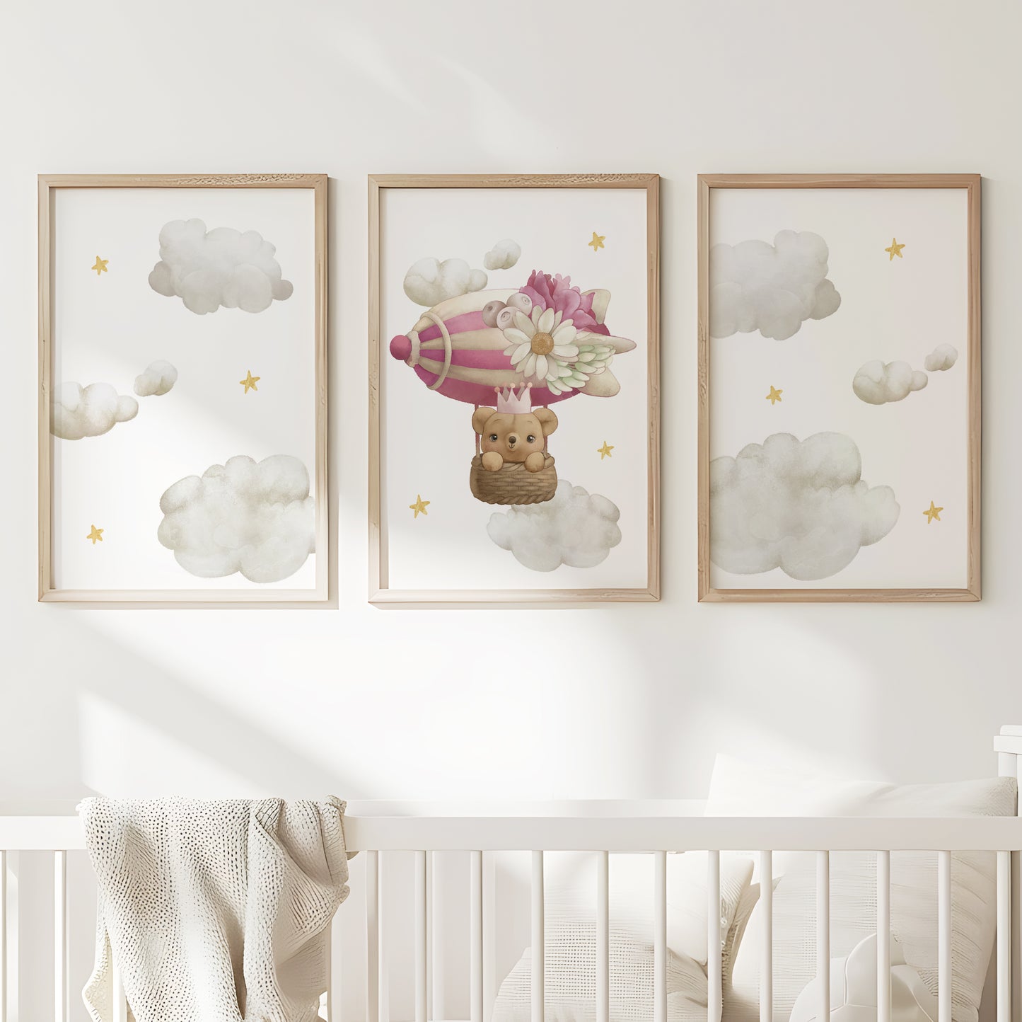 Dreamy Balloon Adventures: Cute Bear Nursery Wall Art, Set of 3, N097