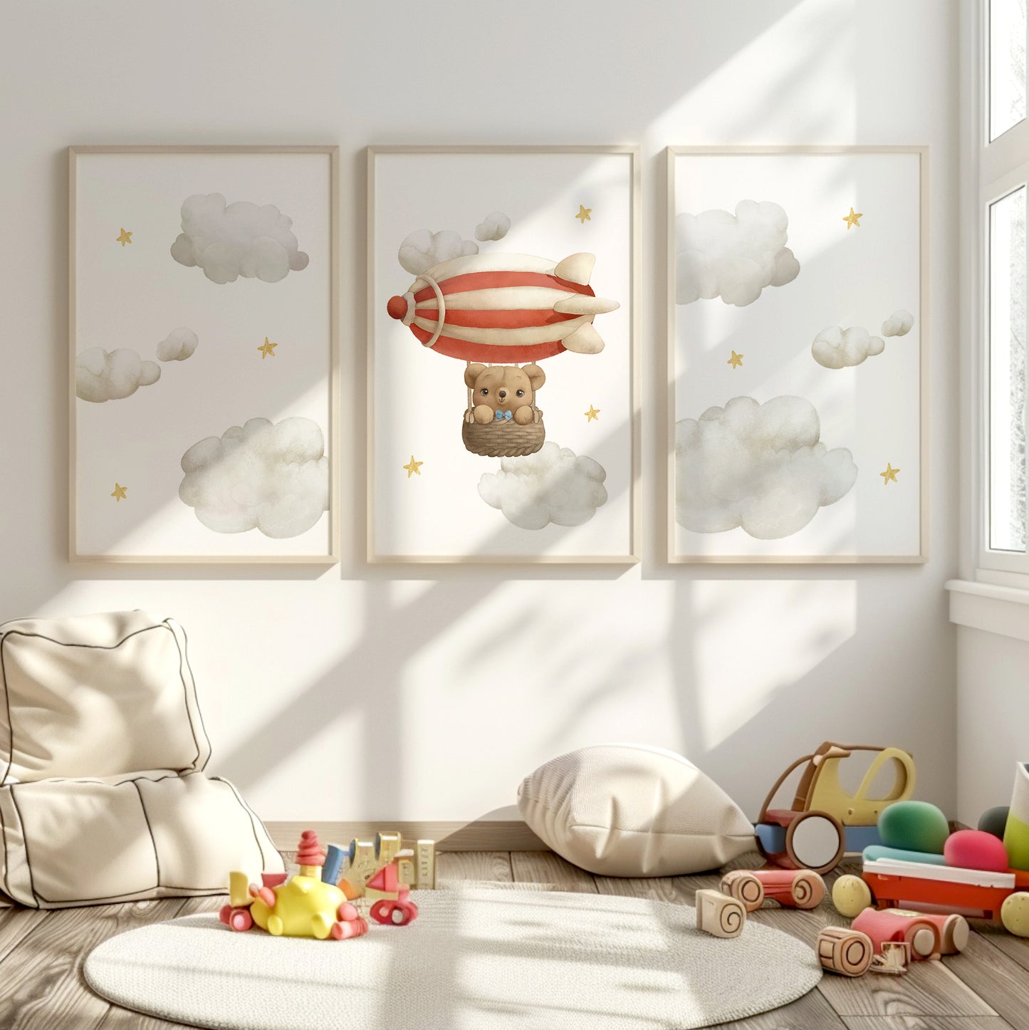 Dreamy Balloon Adventures: Cute Bear Nursery Wall Art, Set of 3, N097