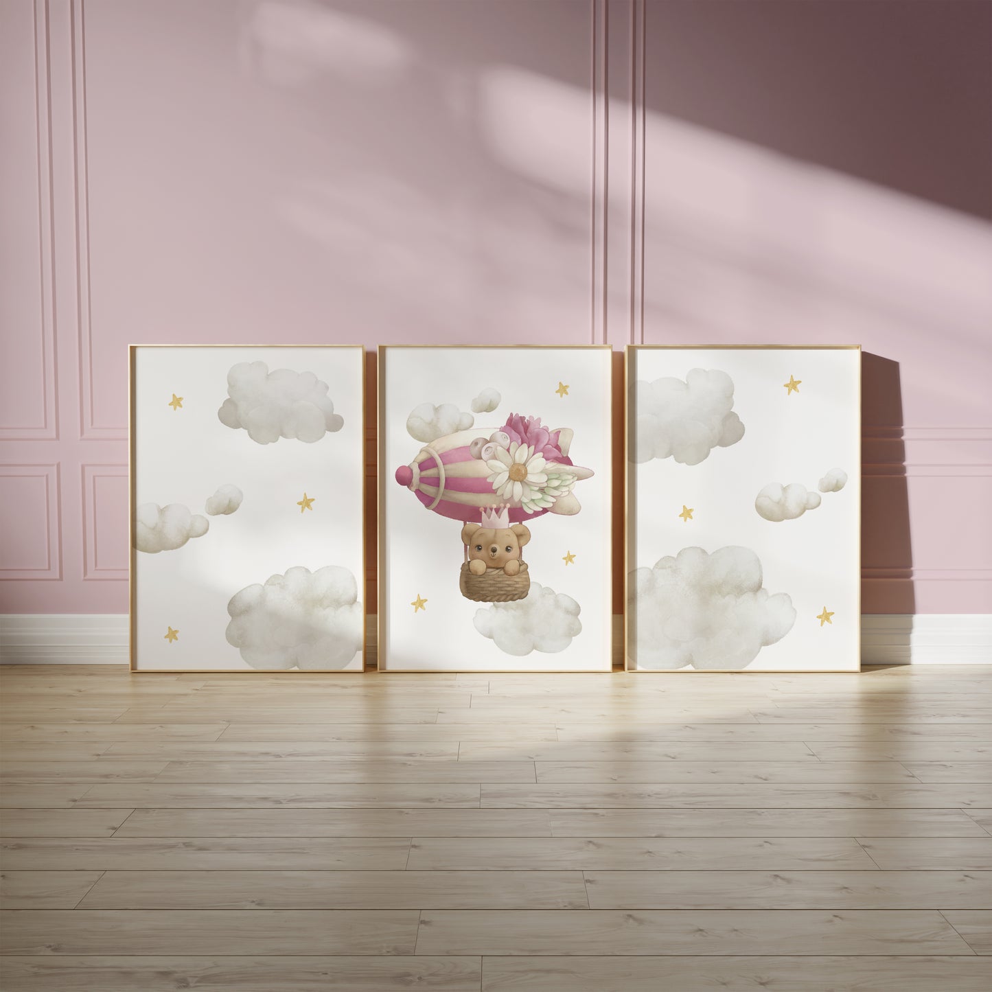 Dreamy Balloon Adventures: Cute Bear Nursery Wall Art, Set of 3, N097