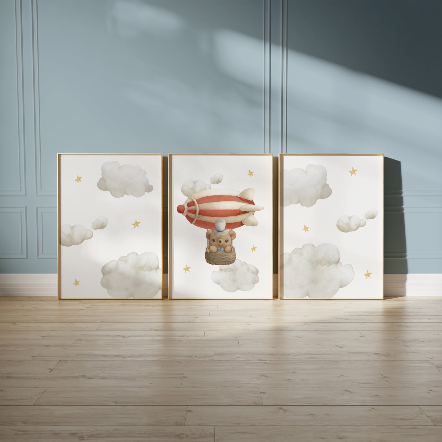 Dreamy Balloon Adventures: Cute Bear Nursery Wall Art, Set of 3, N097