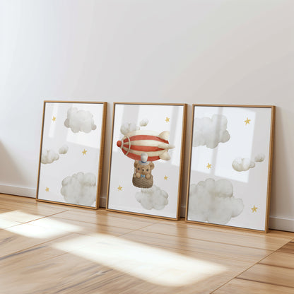 Dreamy Balloon Adventures: Cute Bear Nursery Wall Art, Set of 3, N097