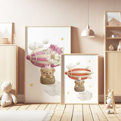 Dreamy Balloon Adventures: Cute Bear Nursery Wall Art, Set of 3, N097