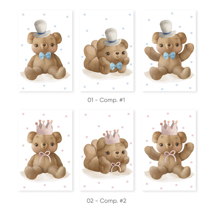 Cuddly Bear Prince & Princess - Adorable Nursery Decor for Baby Room, Set of 3, N098