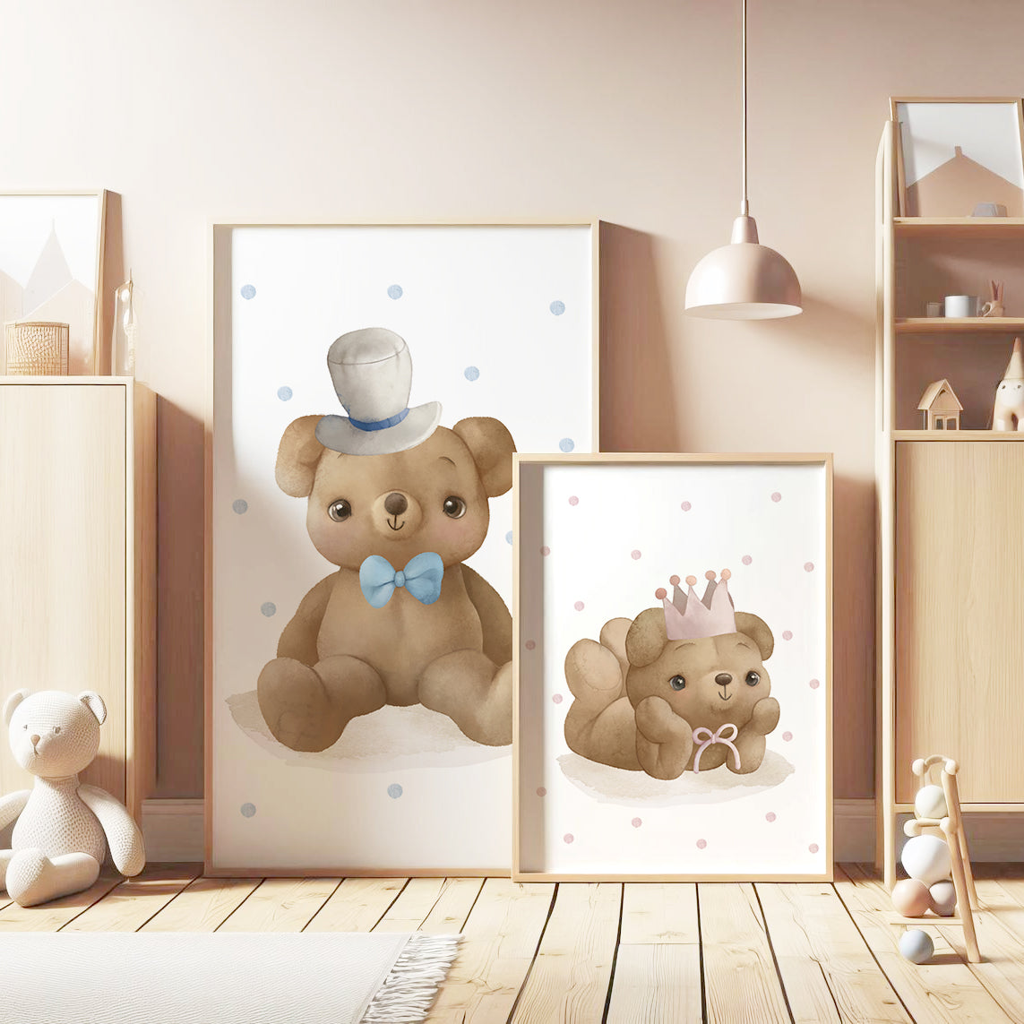 Cuddly Bear Prince & Princess - Adorable Nursery Decor for Baby Room, Set of 3, N098