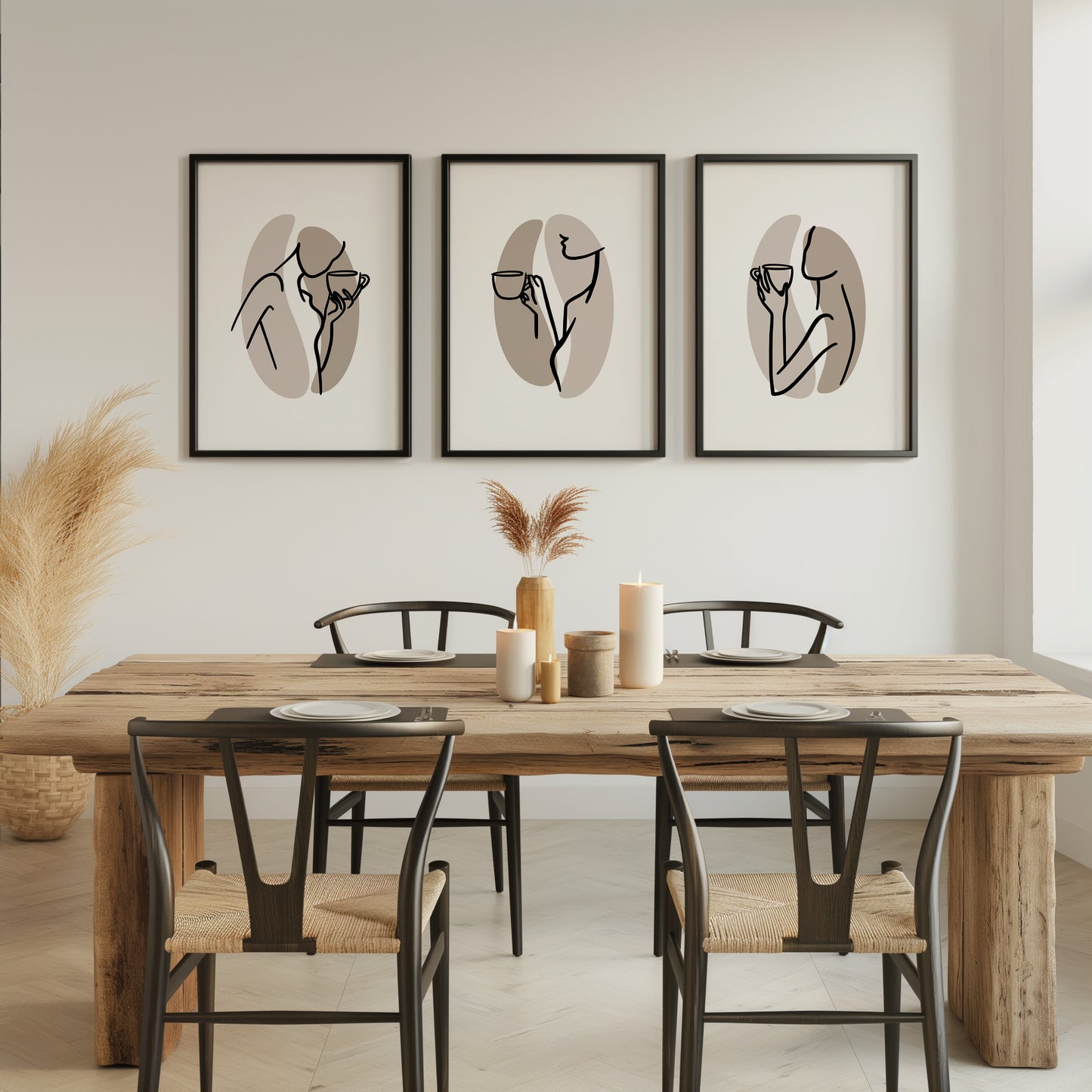 Line Art Coffee Aesthetic - Neutral Toned Trio for Contemporary Spaces, Set of 3, D099