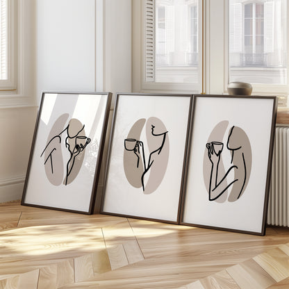 Line Art Coffee Aesthetic - Neutral Toned Trio for Contemporary Spaces, Set of 3, D099