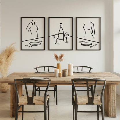 Elegance in Line: Table, Wine, and Graceful Silhouettes, Set of 3, D100