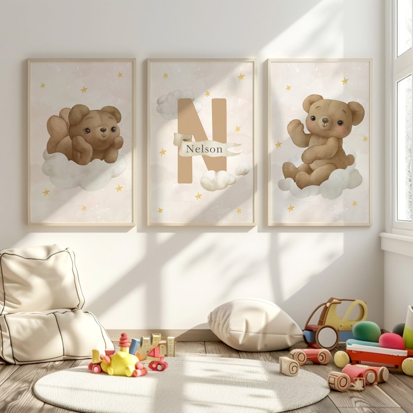 Starry Night Bears: Personalized Nursery Art with Custom Name, Set of 3 N100