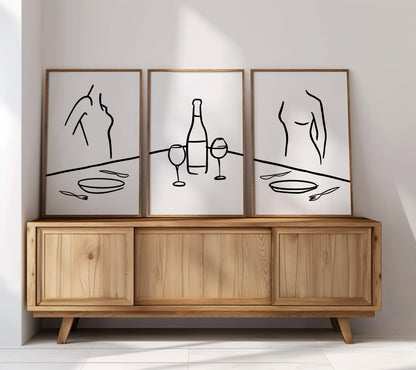 Elegance in Line: Table, Wine, and Graceful Silhouettes, Set of 3, D100