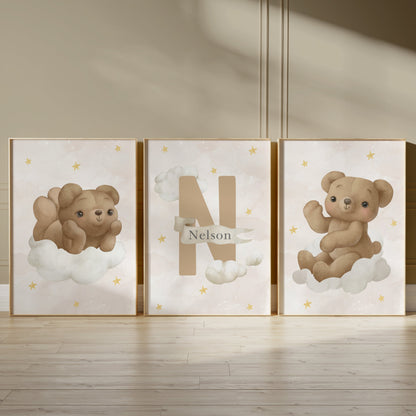 Starry Night Bears: Personalized Nursery Art with Custom Name, Set of 3 N100