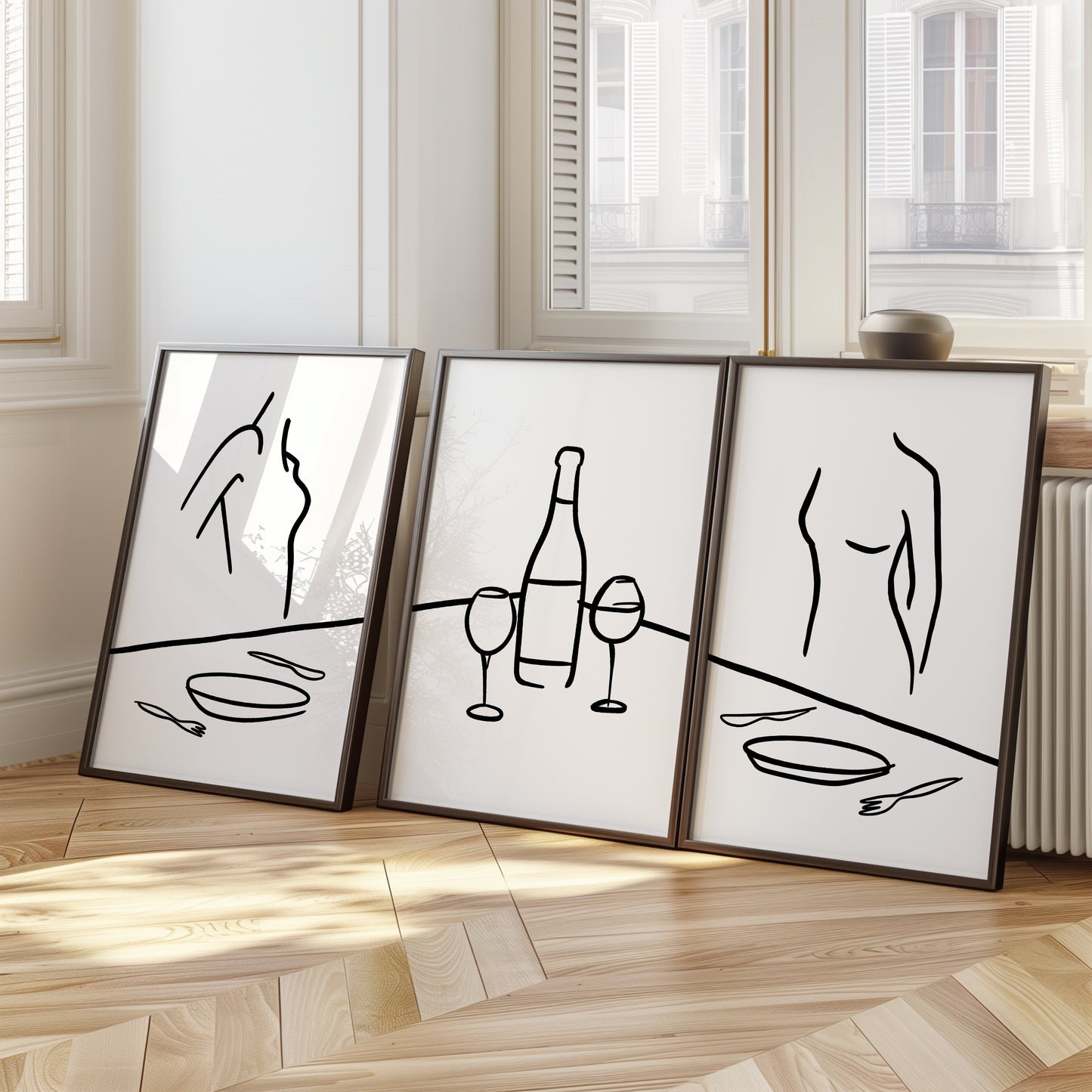 Elegance in Line: Table, Wine, and Graceful Silhouettes, Set of 3, D100