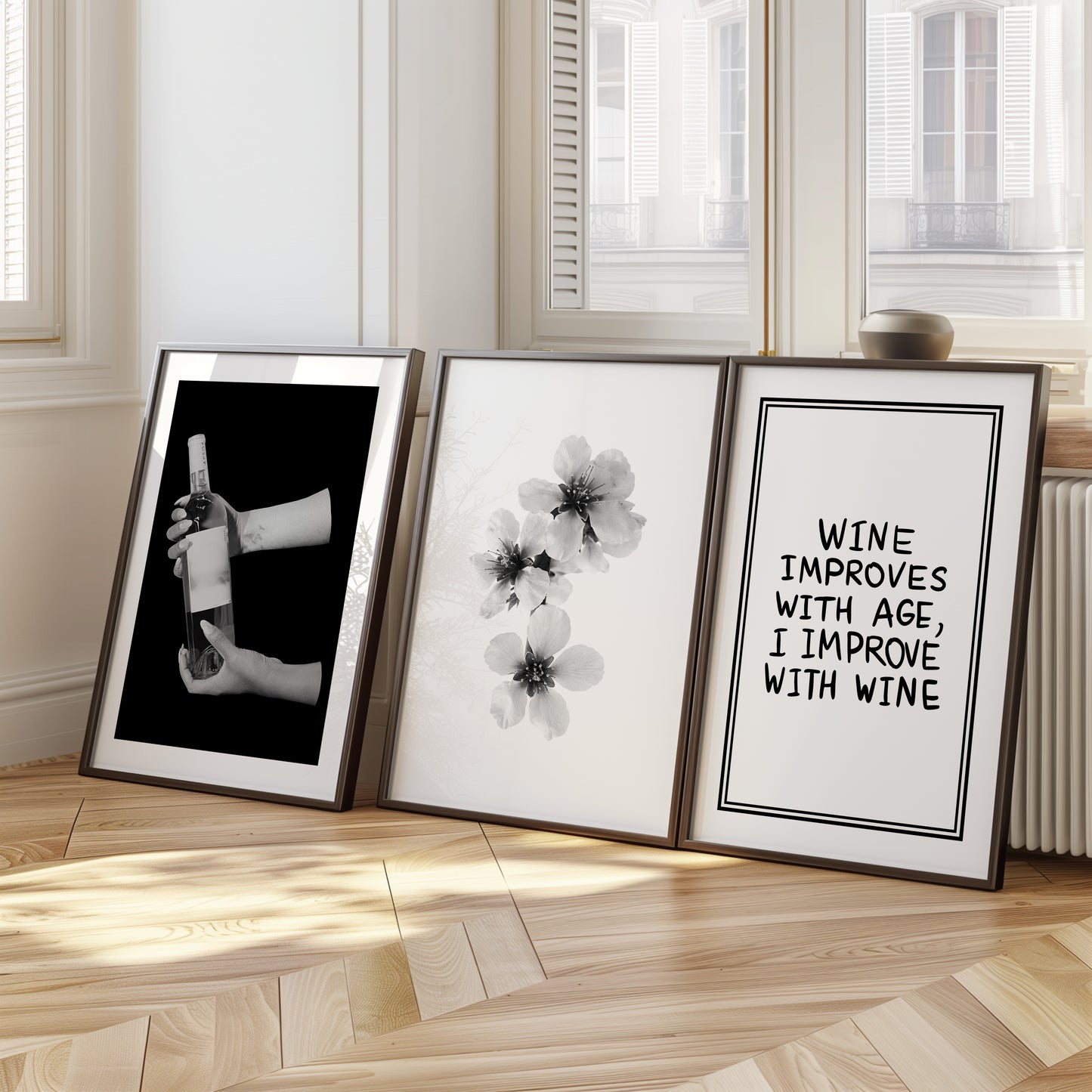 Aged Elegance: Wine & Blossom Trio Wall Art, Set of 3, D104