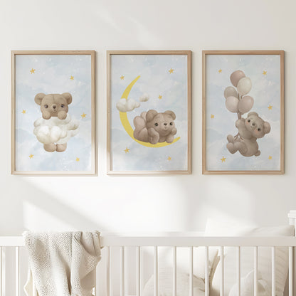 Celestial Teddy Dreams: Nursery Wall Art Set with Moon, Clouds & Balloons, Set of 3, N105