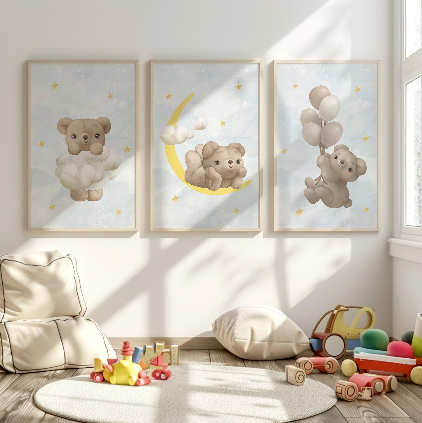 Celestial Teddy Dreams: Nursery Wall Art Set with Moon, Clouds & Balloons, Set of 3, N105