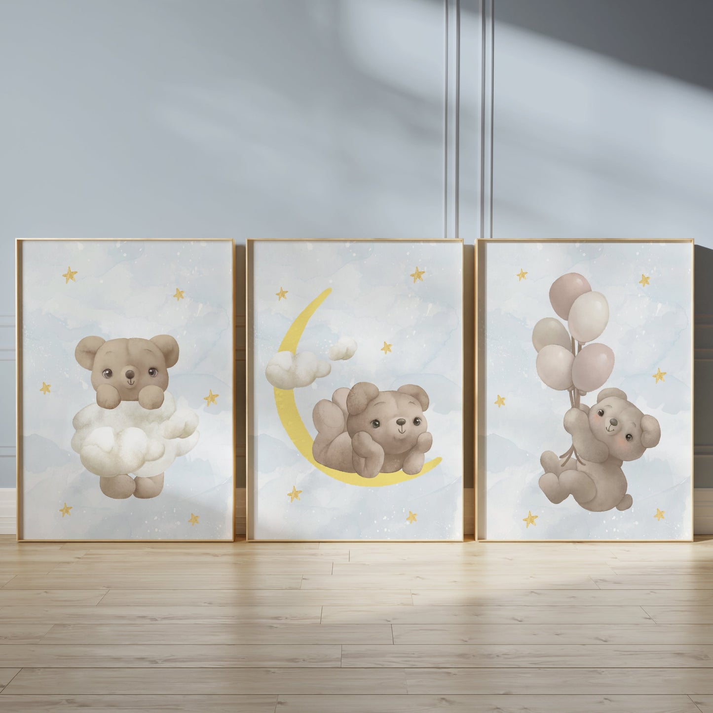 Celestial Teddy Dreams: Nursery Wall Art Set with Moon, Clouds & Balloons, Set of 3, N105