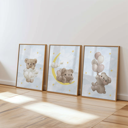 Celestial Teddy Dreams: Nursery Wall Art Set with Moon, Clouds & Balloons, Set of 3, N105