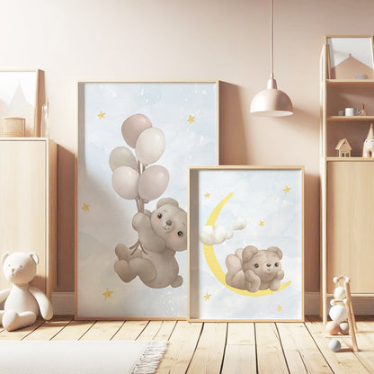 Celestial Teddy Dreams: Nursery Wall Art Set with Moon, Clouds & Balloons, Set of 3, N105