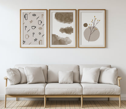 Minimalist Neutral Poster Set: Cloudy Dreams & Simple Symbols, Set of 3, D107