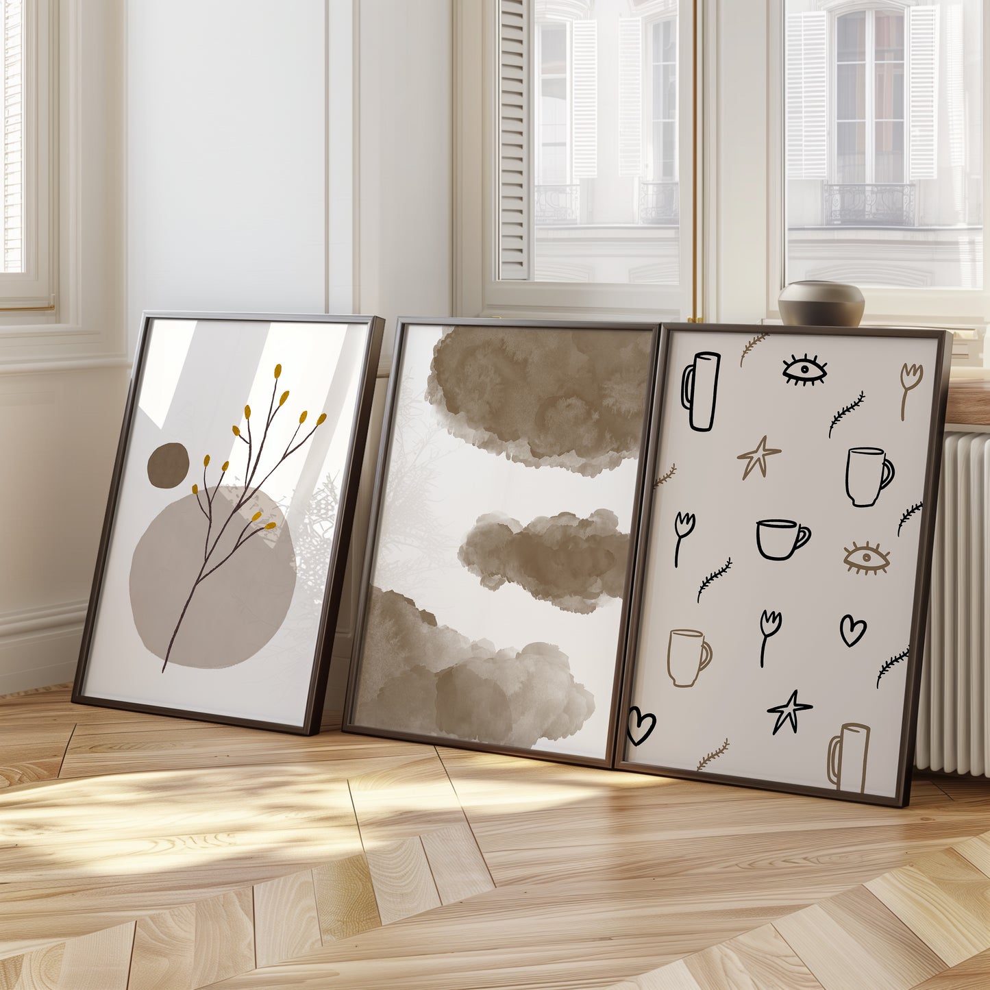 Minimalist Neutral Poster Set: Cloudy Dreams & Simple Symbols, Set of 3, D107