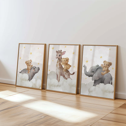 Celestial Safari: Dreamy Animal Friends Nursery Wall Art, Set of 3, N111