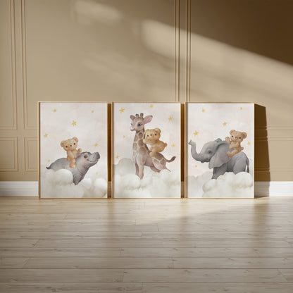 Celestial Safari: Dreamy Animal Friends Nursery Wall Art, Set of 3, N111