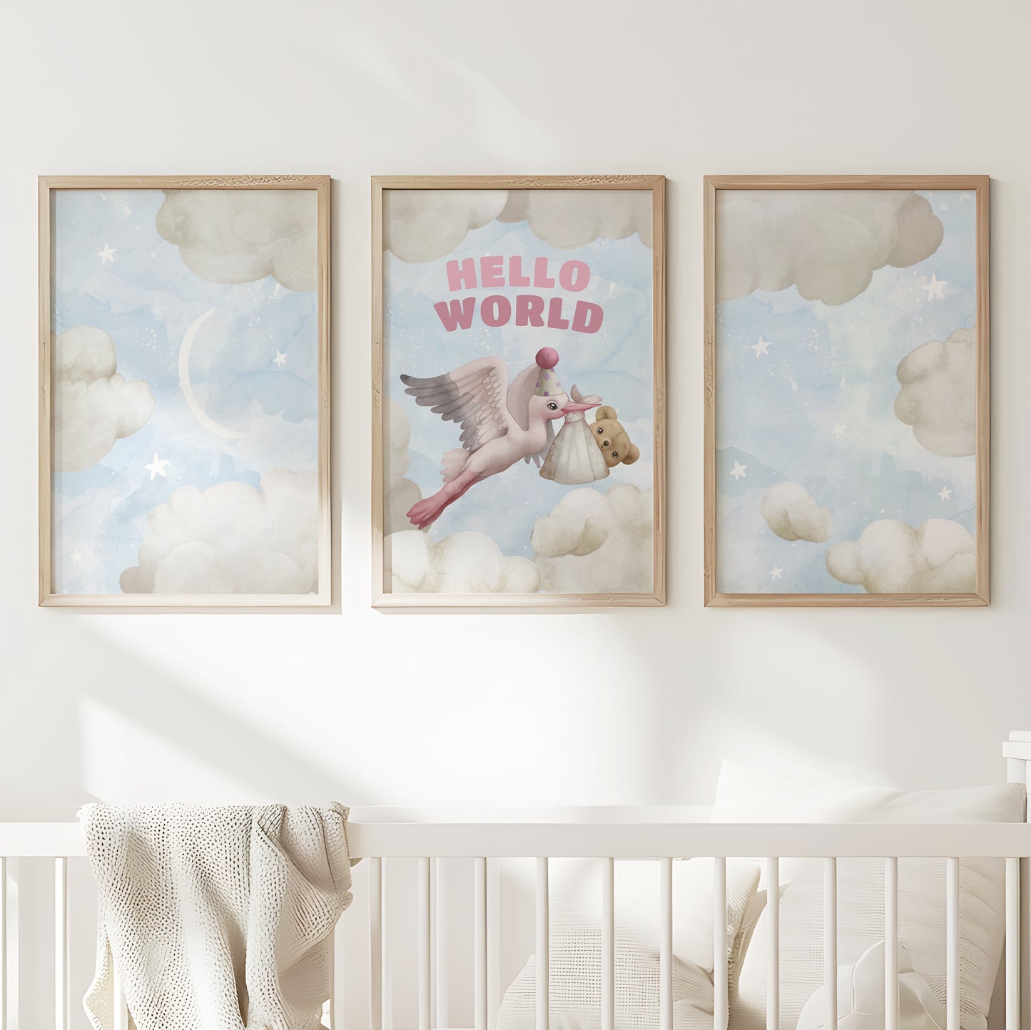 Hello World Stork Arrival – Baby Nursery Cloud Theme, Set of 3, N112