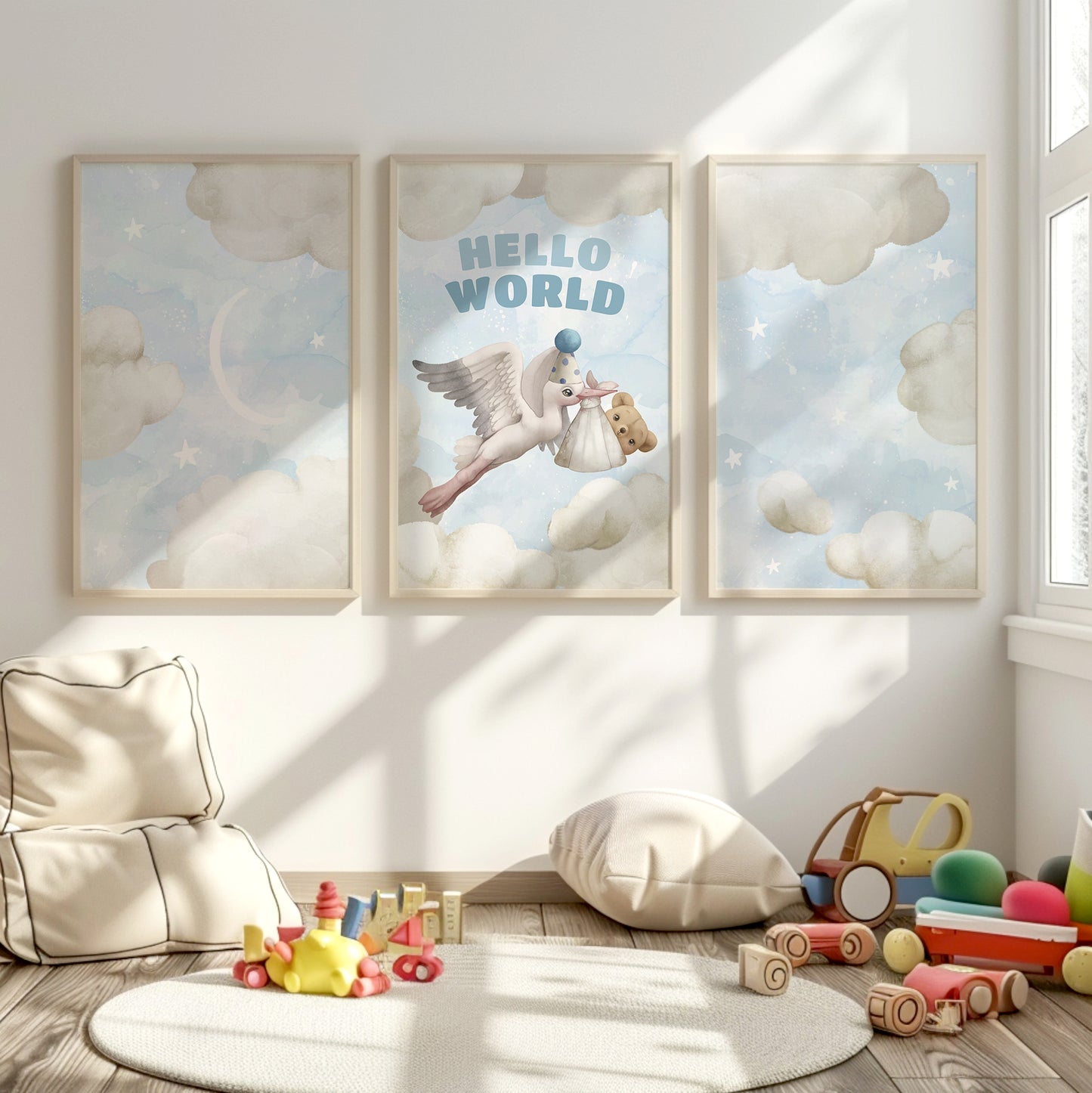 Hello World Stork Arrival – Baby Nursery Cloud Theme, Set of 3, N112