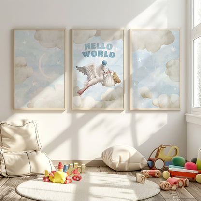 Hello World Stork Arrival – Baby Nursery Cloud Theme, Set of 3, N112