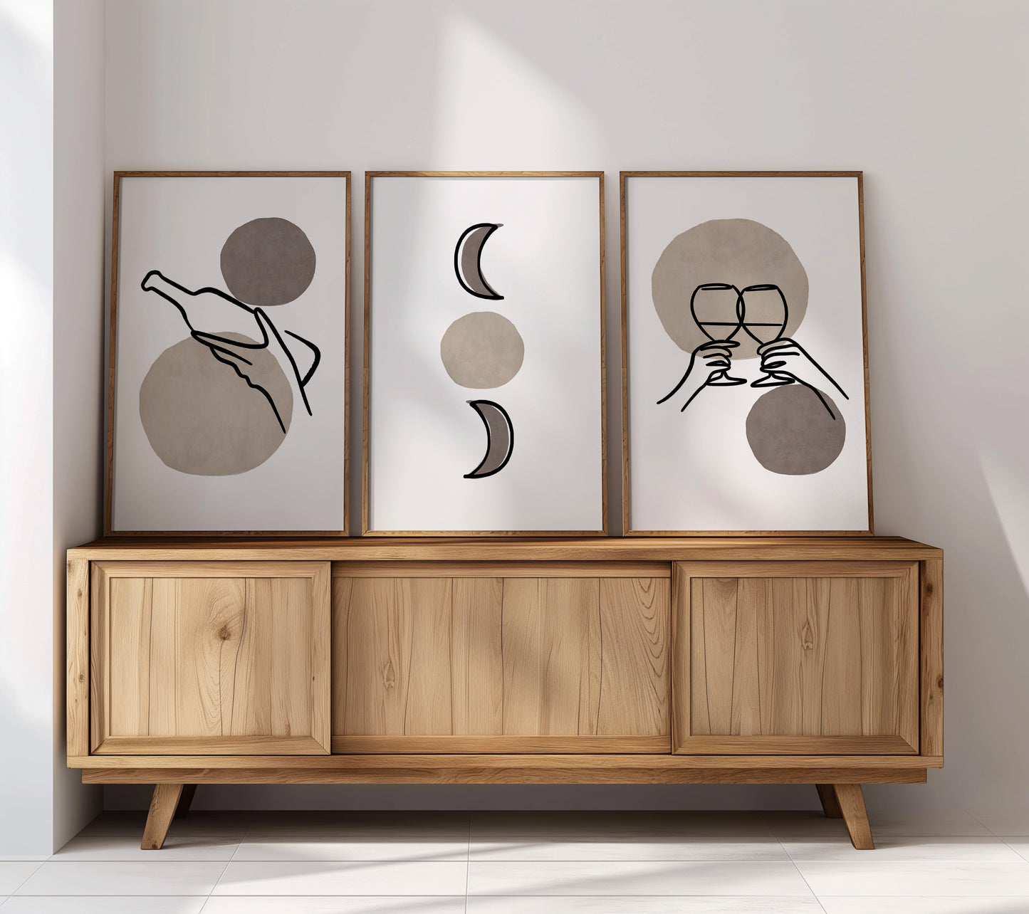 Celestial Cheers: Abstract Wine and Moon Trio, Set of 3, D112