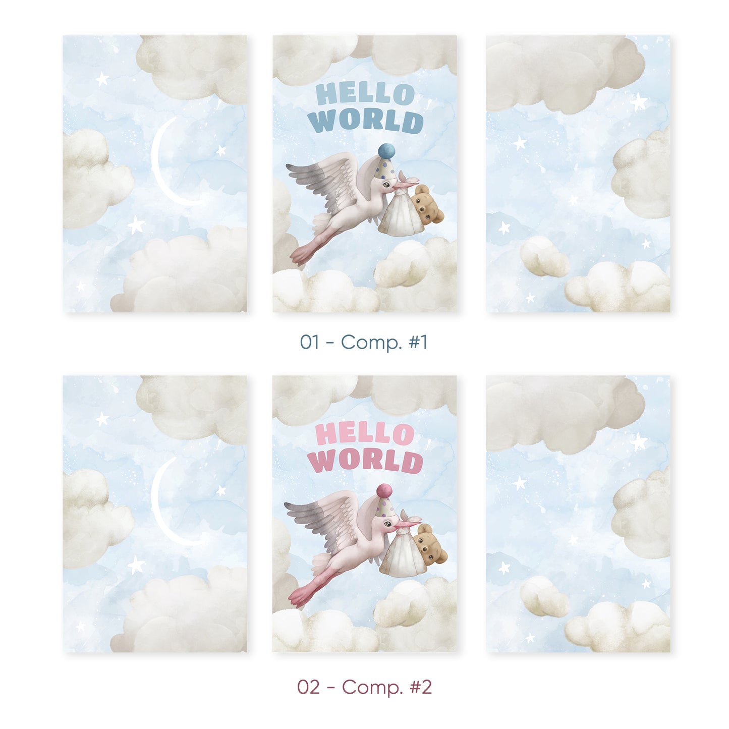 Hello World Stork Arrival – Baby Nursery Cloud Theme, Set of 3, N112