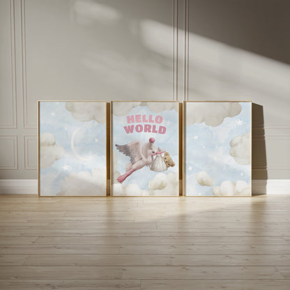 Hello World Stork Arrival – Baby Nursery Cloud Theme, Set of 3, N112