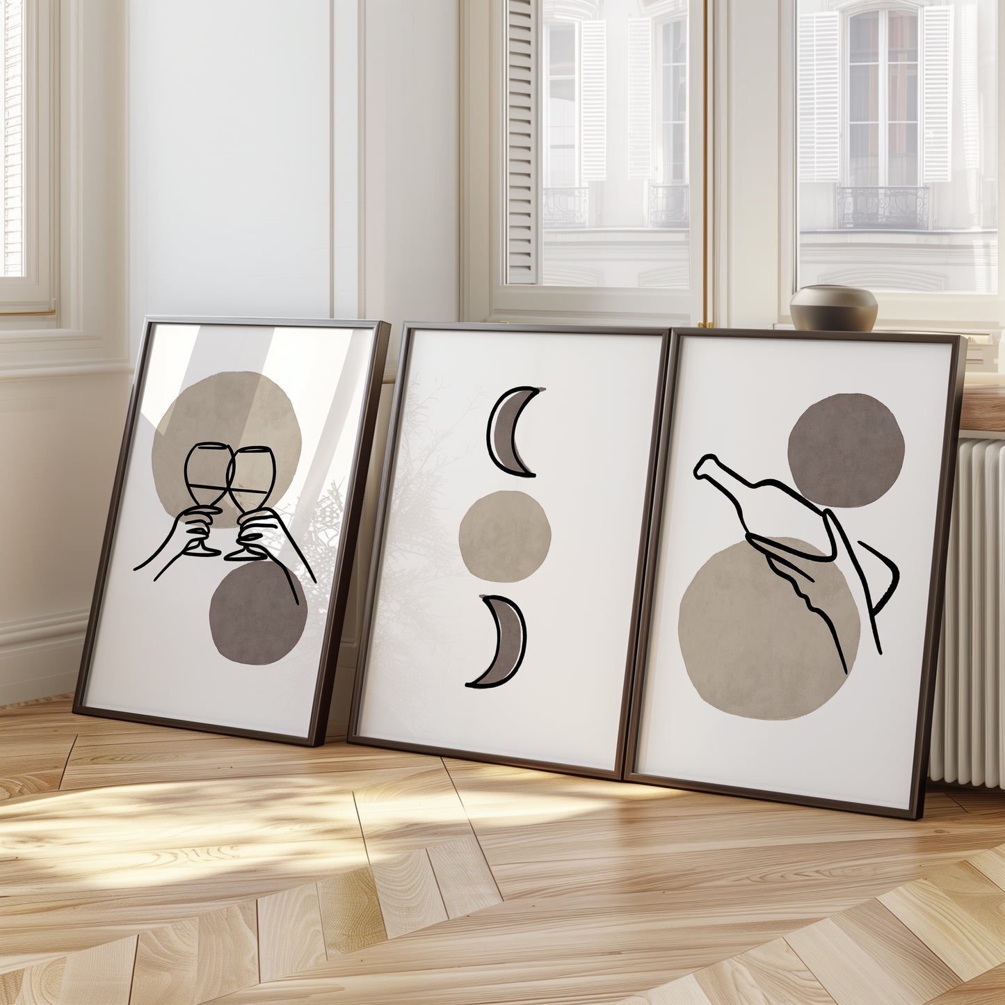 Celestial Cheers: Abstract Wine and Moon Trio, Set of 3, D112