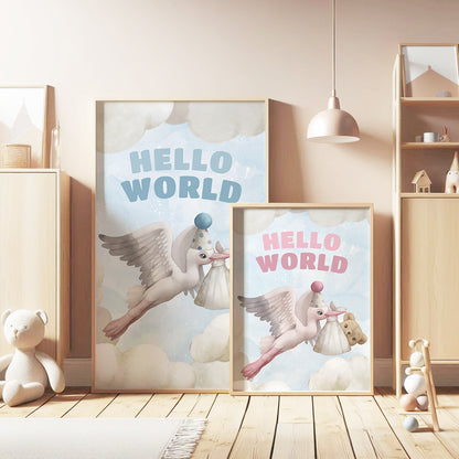 Hello World Stork Arrival – Baby Nursery Cloud Theme, Set of 3, N112