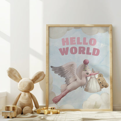 Hello World Stork Arrival – Baby Nursery Cloud Theme, Set of 3, N112