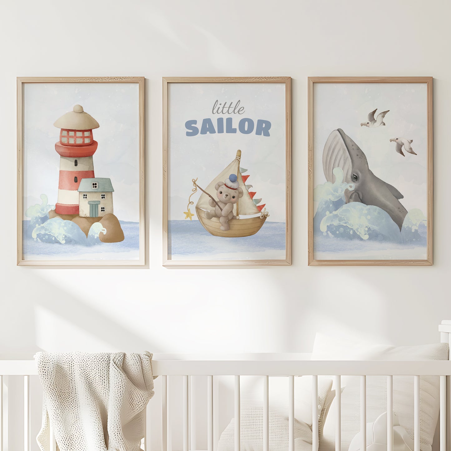 Little Sailor Adventure Nursery Decor - Nautical Themed Wall Art for Kids, Set of 3, N113