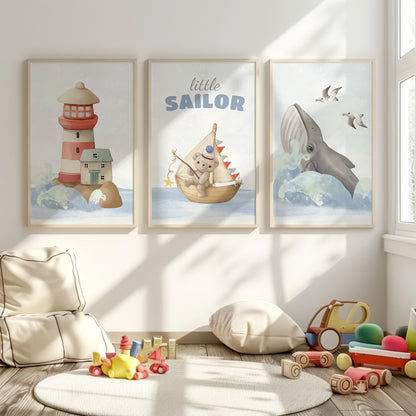 Little Sailor Adventure Nursery Decor - Nautical Themed Wall Art for Kids, Set of 3, N113