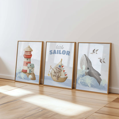 Little Sailor Adventure Nursery Decor - Nautical Themed Wall Art for Kids, Set of 3, N113