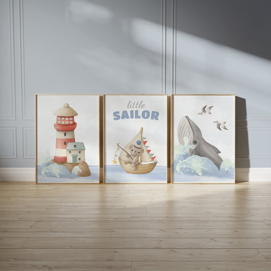 Little Sailor Adventure Nursery Decor - Nautical Themed Wall Art for Kids, Set of 3, N113