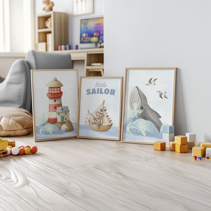 Little Sailor Adventure Nursery Decor - Nautical Themed Wall Art for Kids, Set of 3, N113