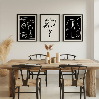 Minimalist Wine Moments: Black & White Art, Set of 3, D114