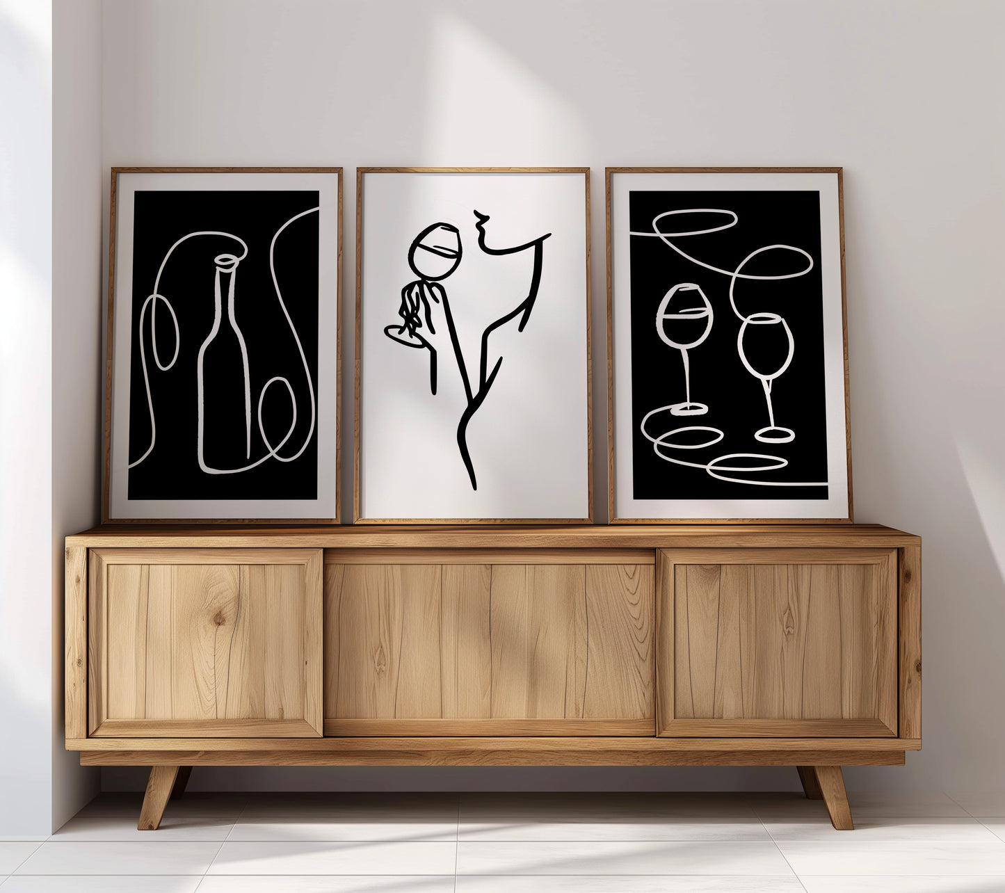 Minimalist Wine Moments: Black & White Art, Set of 3, D114