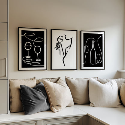 Minimalist Wine Moments: Black & White Art, Set of 3, D114