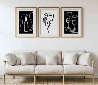 Minimalist Wine Moments: Black & White Art, Set of 3, D114