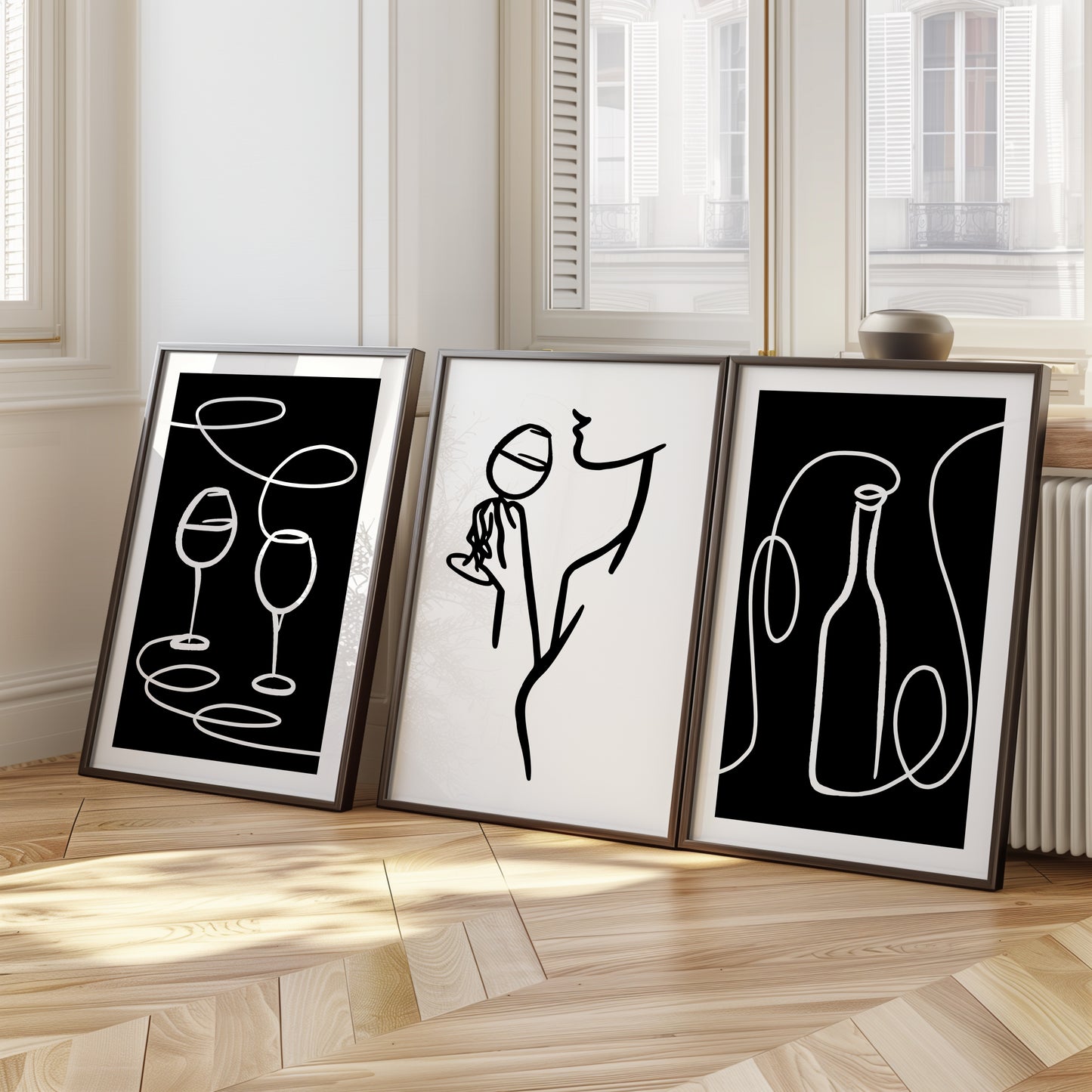 Minimalist Wine Moments: Black & White Art, Set of 3, D114