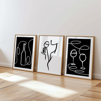 Minimalist Wine Moments: Black & White Art, Set of 3, D114