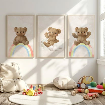 Teddy’s Rainbow Dreams: Nursery Wall Art Set, Set of 3, N115